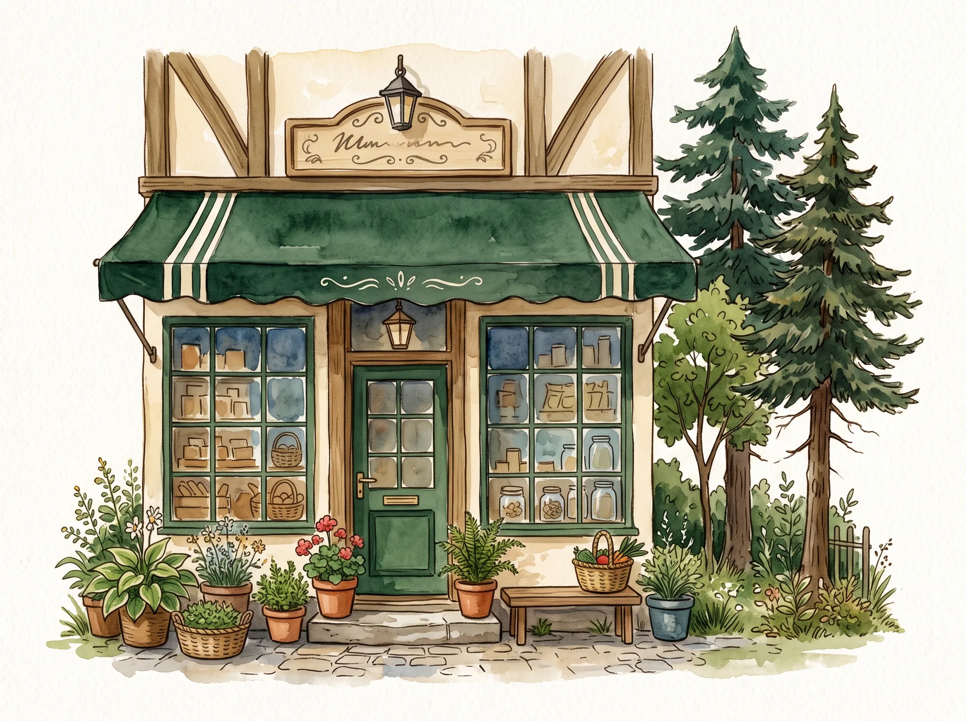 Hand-painted illustration of the Marin Living Foods natural-foods storefront.